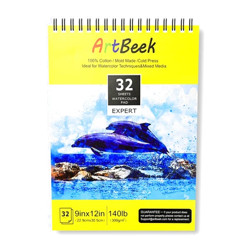 ArtBeek Watercolor Pad 9x12 Inch, 32 Sheets (140lb/300gsm), 100% Cotton Watercolor Paper,Cold Pressed,Acid-Free, Art Sketchbook Pad for Painting & Drawing, Wet, Mixed Media