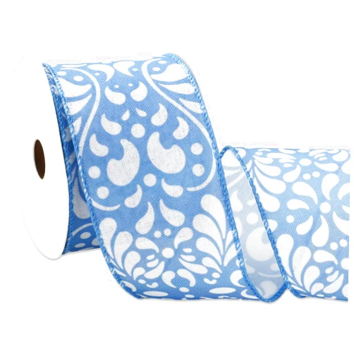 Whaline Cielito Lindo Party Wired Edge Ribbon 2.5 Inch Blue White Flower Fabric Wrapping Ribbon for Mexican Fiesta Cinco De Mayo DIY Crafts Wreath Bow Making, 12 Yard