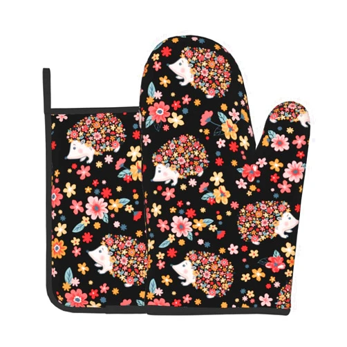 Oplp Flowers and Cute Hedgehogs Oven Mitts and Pot Holders Heat Resistant Oven Mitts Safe for Baking Cooking BBQ