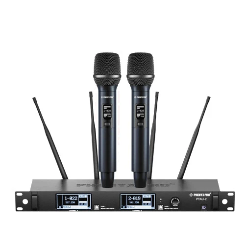 Phenyx Pro Dual-Channel Wireless Microphone System, Dynamic Mics w/ID Lock, Tunable Power Level, Auto Scan, Spectrum Analyzer, True Diversity Cordless Handheld for Singing, DJ, Karaoke (PTAU-2)