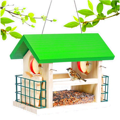 MIXXIDEA Cedar Wood Bird Feeder with Suet Cages Hanging Wild Bird Feeder for Outside with 2 Fruit Holder Patio Garden Bird Feeder with 2 Plastic Walls Large Capacity,Roof Top Green