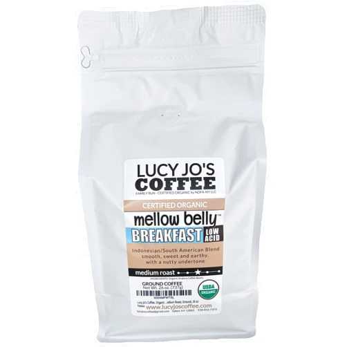 Lucy Jo's Coffee, Organic Mellow Belly Breakfast Low Acid Blend, Medium Roast, Ground, 11 oz (26 oz, Smooth, sweet and earthy, with a nutty undertone)