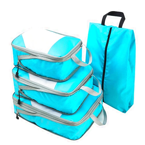 YUTAO Compression Packing Cubes Set,4pcs/set Travel Storage Bag Portable Luggage Suitcase Organizer Set Extensible Packing Mesh Bags for Clothing Underwear Shoes (Blue)