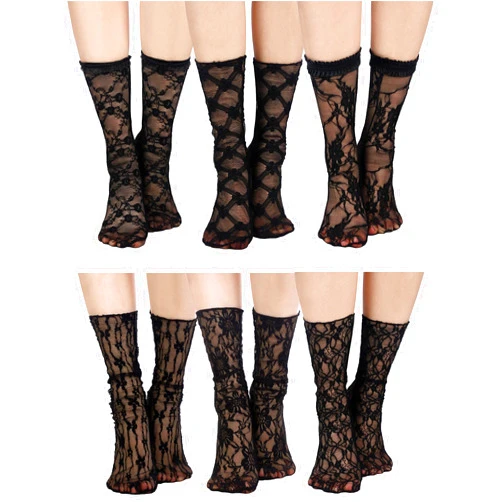 Geyoga 6 Pairs Slouch Lace Socks Women Mesh Frilly Socks Ankle High Loose Lace Ruffle Socks for Women Girls Dress