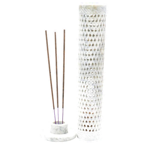 Crocon Handmade Blue Marble Soapstone Incense Stick Round Shape Elephant & Leaf Design Tower Burner | Tea Light Candle Holder | Decorative Home & Kitchen Best Gift Size - (2.7x2.7x10 Inch)