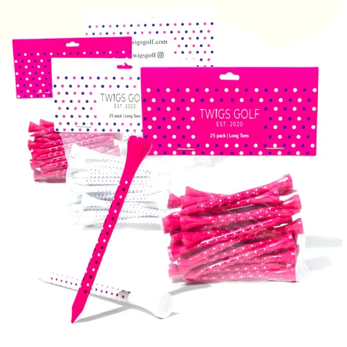 Twigs Golf Tees, Long Bamboo Tees, 100 Count, 3-1/4 inch, Pink and White Polka Dots Design