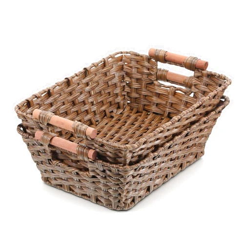 YBEATY 2 Pack Wicker Storage Basket Hand Woven Brown Home Small Storage Box with Wooden Handles 15