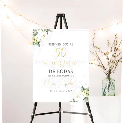 Generic Personalized Spanish 50th Wedding Anniversary Welcome Sign, Bienvenidos al 50 Aniversario De Bodas, 50th Anniversary Sign Printable, White Floral Wedding Anniversary Party Decorations