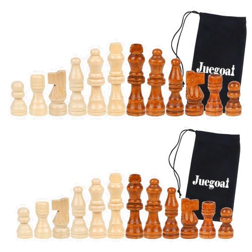 Juegoal 2 Pack Wooden Chess Pieces Only, 32 Pieces Each Wood Chessmen Pieces, 2.4 Inch King Figures Chess Game Pawns Figurine Pieces, Replacement of Missing Piece, Includes Storage Bag