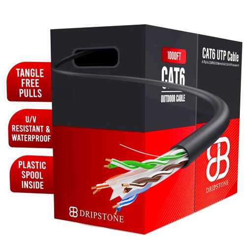 Dripstone 1000ft CAT6 Outdoor Direct Burial Solid Cable 23AWG Waterproof Wire HDPE Insulated Polyethylene (PE) for Indoor/Outdoor Installations, Black