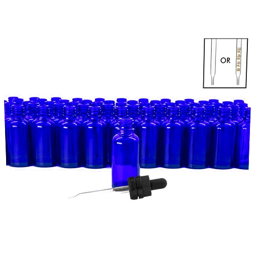 DropperBottles.com 30mL Cobalt Blue Glass Euro Dropper Bottles with Clear or Graduated Dropper Assemblies- Pack of 110 (Tamper Evident/Child Resistant 