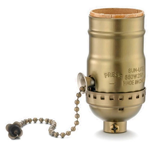 SIXZOONM Pull Chain Lamp Socket Replacement, E26 Standard Threaded Base, Lamp Parts for Table and Floor Lamps, Light Bulb Socket with Pull Chain Lamp Switch, UL Listed, 1 Pack (Antique Brass)