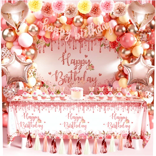JOPHMO Rose Gold Birthday Party Decoration Pack Happy Birthday Pink Party Supplies for Girls Women (Banner Backdrop Tablecloth Fringe Curtains Balloons Garland Paper Tassels Garland Paper Pompoms)
