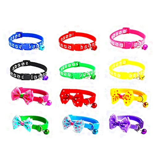NACOCO 12 Pack Dog ID collar for Puppy&Kitty Adjustable Soft Polyester Pet Collar with Bell and Bow (12 pieces)