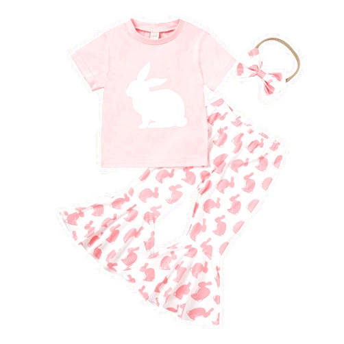 YINGISFITM Baby Girl Easter Outfit Bunny Print Short Sleeve Tee Tshirt Pants Toddler Bell Bottoms Summer Clothes 2Pcs Set