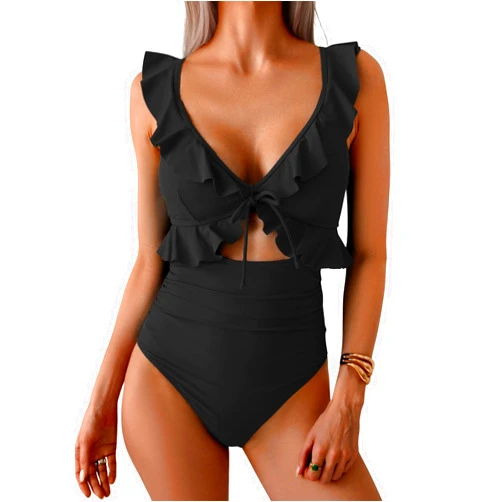 Eomenie One Piece Swimsuit for Women Tummy Control Ruffle Bathing Suit V Neck Ruched Swim Suit Slimming Cutout Swimwear