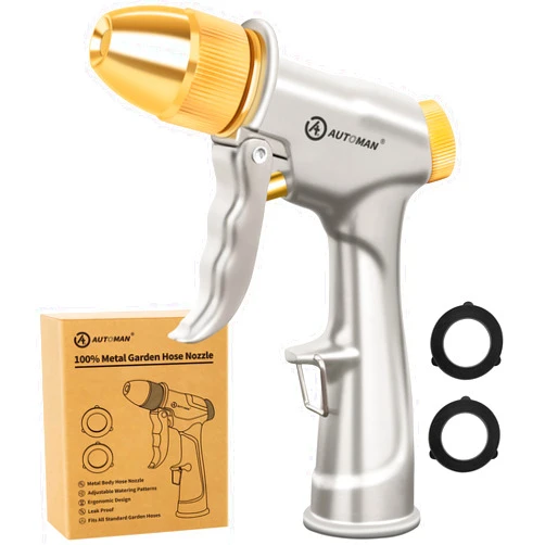 AUTOMAN Garden Hose Nozzle Sprayer, High Pressure Spray Nozzle, 100% Metal Water Hose Nozzle, 4 Patterns Watering Nozzle, Heavy Duty Garden Nozzle for Watering Plants & Lawns, Washing Cars & Pets