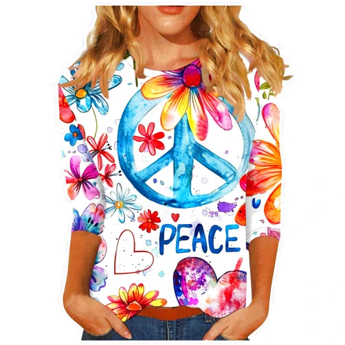 Generic Love and Peace T Shirts for Women Fashion Tie Dye Floral Print 3/4 Length Sleeve Tops Loose Fit Crew Neck Blouses