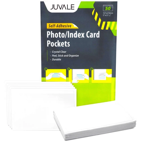 Juvale 50 Pack Clear Adhesive Pockets Sleeves 5x8 for Index Card and Planners, Bulk Top Load Plastic Label Holder Protector for Photos, Note Cards, Office Supplies, Small Business