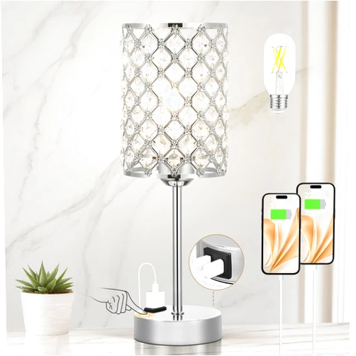 Hong-in Crystal Diamond Table Lamp for Bedroom -Sliver Touch Lamp with USB Charging Port and Outlet, 3 Way Dimmable Bedside Lamp Decorative Modern Nightstand Lamp for Bedroom Decor Side Table(Bulb Included)