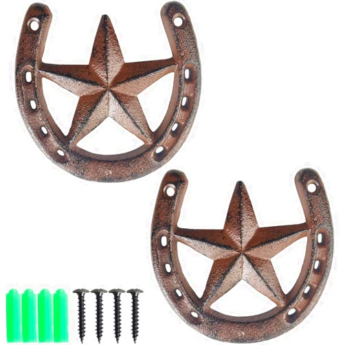 RONYOUNG 2PCS Cast Iron Horseshoe with Star Wall Decor, Medium Horseshoe Durable Cast Iron for Indoor Or Outdoor