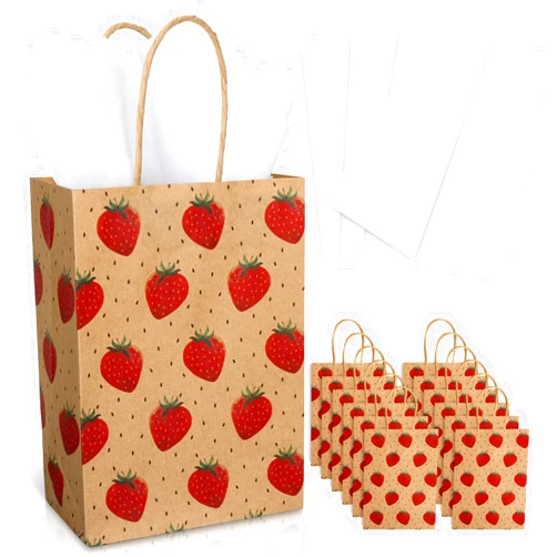 JarThenaAMCS 16Pcs Strawberry Kraft Gift Bags with 16 Sheets White Tissue Paper Sweet Berry Paper Treat Bag with Handles for Summer Birthday Baby Shower Wedding