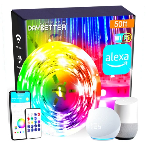 DAYBETTER Smart WiFi Led Strip Lights App Controlled Work with Alexa and Google Assistant Timer Schedule RGB Strip Color Changing Décor for Bedroom Party Kitchen 50ft