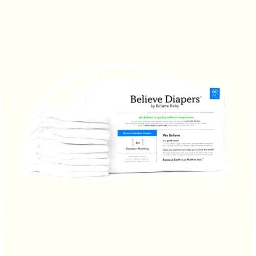 Believe Baby 100% Bamboo Viscose Baby Diapers Size 1 - Premium, Super-Absorbent, Hypoallergenic for Sensitive Skin, Chemical-Free, Unscented Diaper for Babies 8-14 lbs - 60 Ct