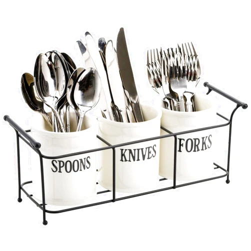 Bekith 3-Piece White Ceramic Silverware Caddy with Black Metal Rack, Utensil Holder Flatware Caddy Cutlery Storage Organizer for Kitchen Table, Cabinet or Pantry