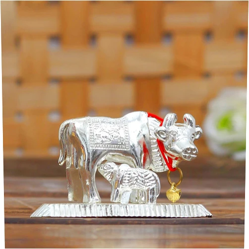 Generic Cow and Calf Idol for Pooja | Kamdhenu Gau MATA Silver Color | Figurine showpiece Divine Pooja Gift décor