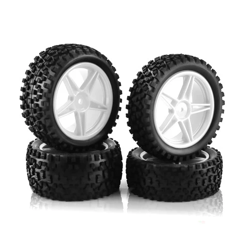 Chanmoo 1/10 RC Off Road Tires and Wheels Rims 12mm Hex Set Front and Rear 87mm Rubber Buggy Tyres Foam Inserts for 1:10 Off-Road Car HSP Kyosho HPI Tamiya HSP 94107 94166 94106 94155 4PCS (White)