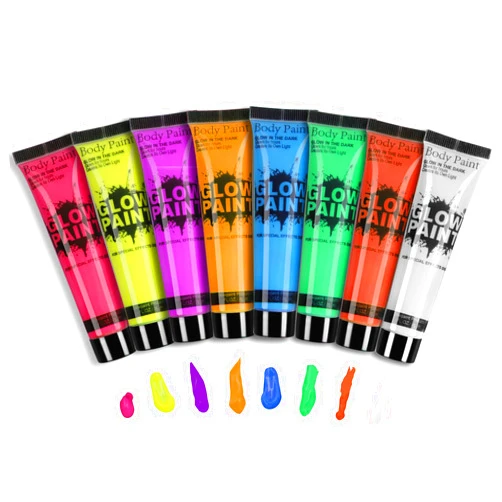 GARYOB UV Blacklight Face Body Paint Glow in the Dark Neon Fluorescent 0.85oz Set of 8 Bright Colors, Halloween Washable Body Paint for Adult