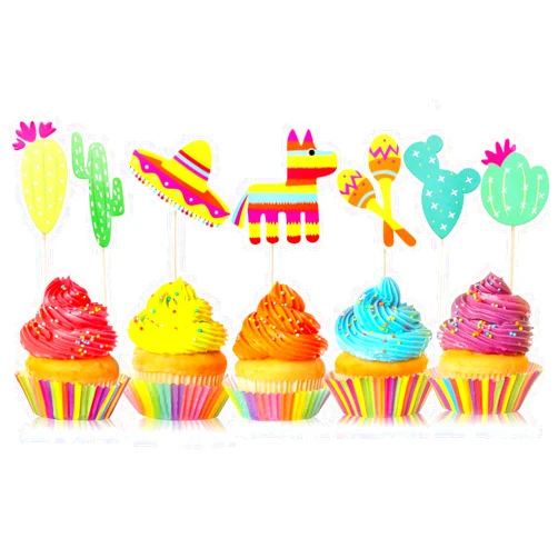 SDANWERI 42 Pcs Mexican Fiesta Cupcake Toppers Decoration, Cactus Donkey Maraca Sombrero for Themed Party Supplies