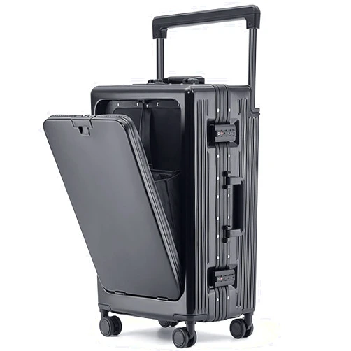 LAZEYARD Aluminum Frame Carry On Luggage with Usb Port and Front Compartment,Wide Handle, TSA Lock, Carry-On Hardside Suitcase with Spinner Wheels(A-Black)
