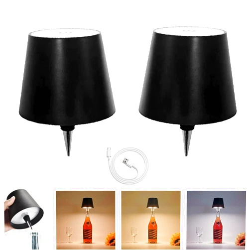 AGSIXZLAN 2 Pcs Wireless Bottle Lamp, 2024 New Creative Portable Touch Led Wireless Bottle Lamp,3 Color Stepless Dimming Rechargeable Bottle Lights for Dining Room/Bedroom/Barliquor/Outdoors(Black)