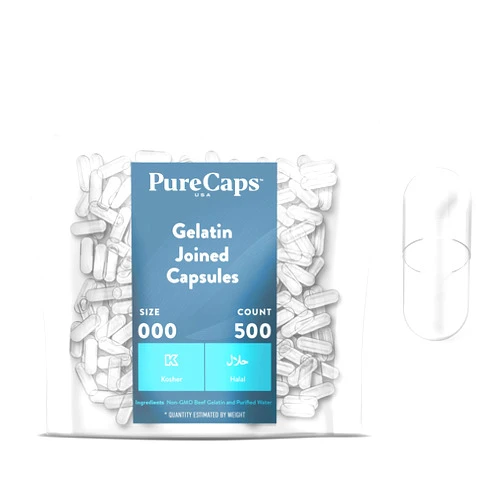 PureCaps USA - Empty Gelatin Capsules Size 000, 500 Empty Joined Gel Pills, Clear, Non-GMO Certified, Kosher, Gluten Free and Halal Certified