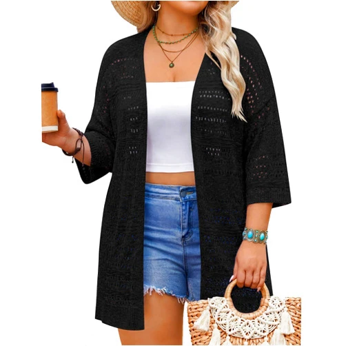 IN'VOLAND Plus Size Crochet Cardigan for Women Summer Lightweight 3/4 Sleeve Kimono Boho Open Front Knitted Cardigans