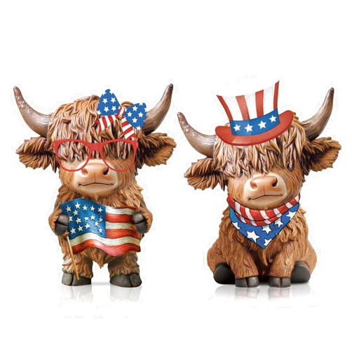 Karenhi 2 Pcs Memorial Day Highland Cow Figurines Decor Independence Day 4th of July Resin Statue Red White and Blue Patriotic American Flag Gnomes for Home Garden Office Tiered Tray Table Decor