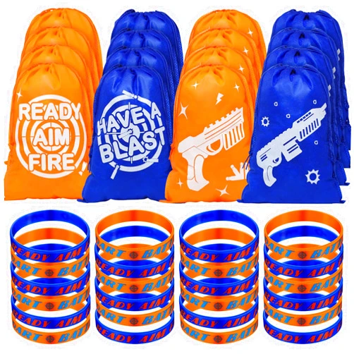 Kingdder 48 Pcs Dart Battle Party Supplies Includes 24 Silicone Wristbands, 24 Party Present Drawstring Bags Goody Treat Bags Dart Gun Themed Favors Bracelet for Battle Birthday Supplies Decorations