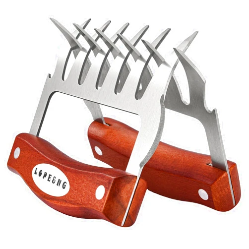 LOPE & NG Meat Handler Shredder Claws Set Of 2 - Wood Stainless Steel BBQ Pulled Pork Paws For Shredding Handing Carving Food