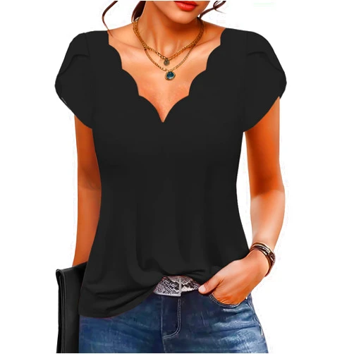 ETCYY NEW Womens Summer Tops Seashell Edge V Neck Shirts Petal Short Sleeve Top Dressy Casual Tunic Blouses