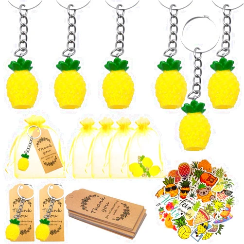COLVWOFA 110 PCS Pineapple Birthday Party Favors Include Keychains Organza Bags PVC Pineapple Stickers Thank You Kraft Tags for Birthday Summer Party Wedding School Reward