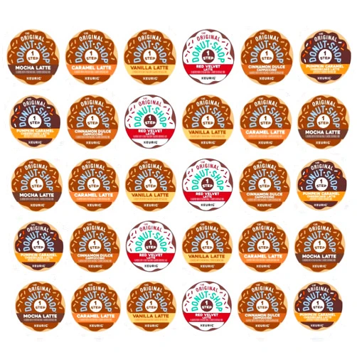 BREWANA 30 Count Donut Shop Latte K-Cups Variety Pack. 6 Top Flavors - Cinnamon Dulce Cappuccino, Vanilla, Caramel, Mocha, Pumpkin Caramel Cheesecake And Red Velvet