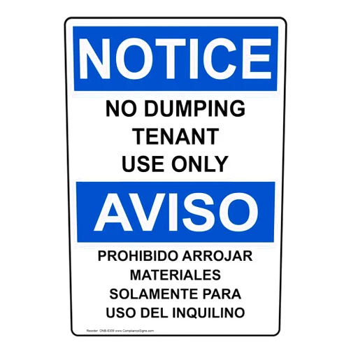 ComplianceSigns.com NOTICE No Dumping Tenant Use Only OSHA Bilingual Sign, 10x7 inch Plastic for Recycling/Trash/Conserve