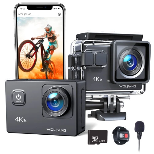 WOLFANG Action Camera GA100 with 64GB microSDXC Memory Card 4K 30FPS 20MP Underwater Camera Waterproof 40M, WiFi Vediocamera with Dual Mic, 170° Wide Angle, EIS Anti-Shake, Various Accessories