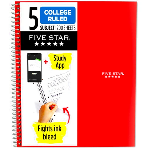 Five Star Spiral Notebook + Study App, 5 Subject, College Ruled Paper, Fights Ink Bleed, Water Resistant Cover, 8-1/2