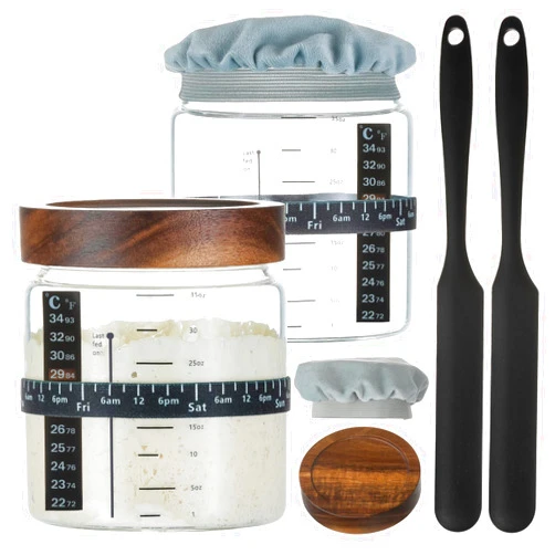 Wissy&Konny Sourdough Starter Jar 2Pack 35OZ with Ounce Scale Line,Date Marked Feeding Band, Thermometer, Sourdough Jar Scraper, Cloth Cover & Wood Lid, Wide Mouth for Sourdough Bread Baking