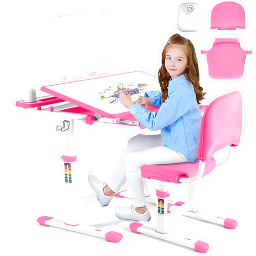 Artist hand Kids Study Table and Chair Set,Adjustable Girls School Writing Study Table,with Large Writing Board LED Pull Out Drawer Pencil Case Bookstand,Pink