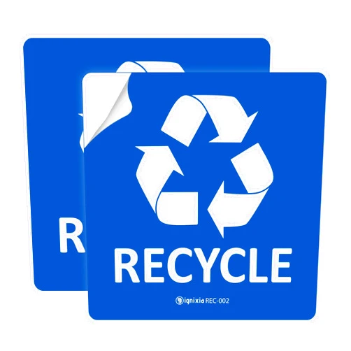 IGNIXIA Pack of 02 Recycle Sign Decals self Adhesive - Recycling Stickers 5 x 5 Inches Recycle and Trash Sticker for Trash can with Over Lamination- Recycle Labels (Blue)