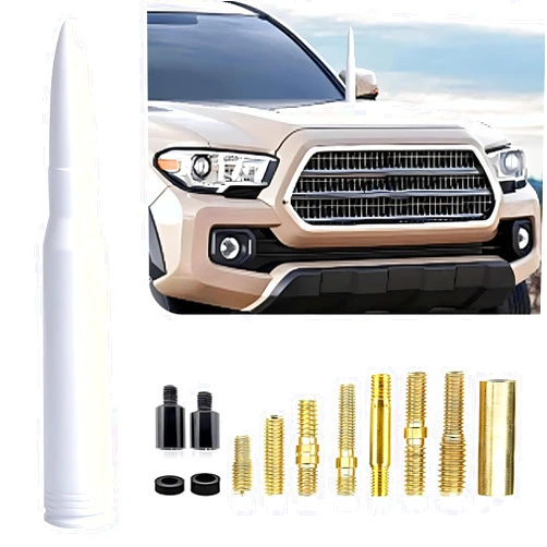 Dawfall 1 PC Bullet Car Antenna Replacement, Anti-Theft Shockproof Metal Vehicle Radio Antenna Accessories, Waterproof Signal Receiver Compatible with Ford F150 Wrangler Jeep Chevrolet (White)